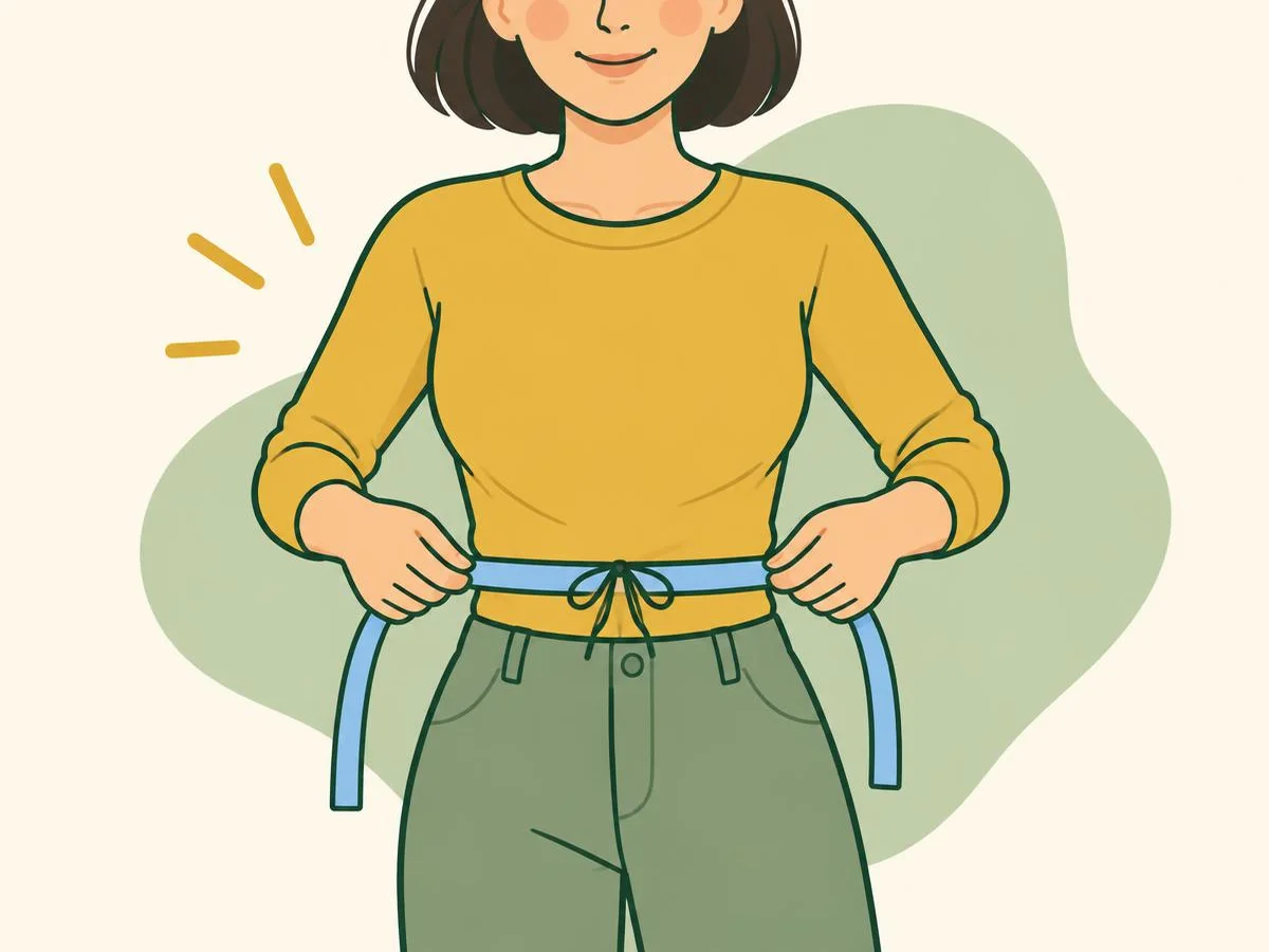 Illustration of a woman with a string tied around her natural waist, holding the tape measure along the string
