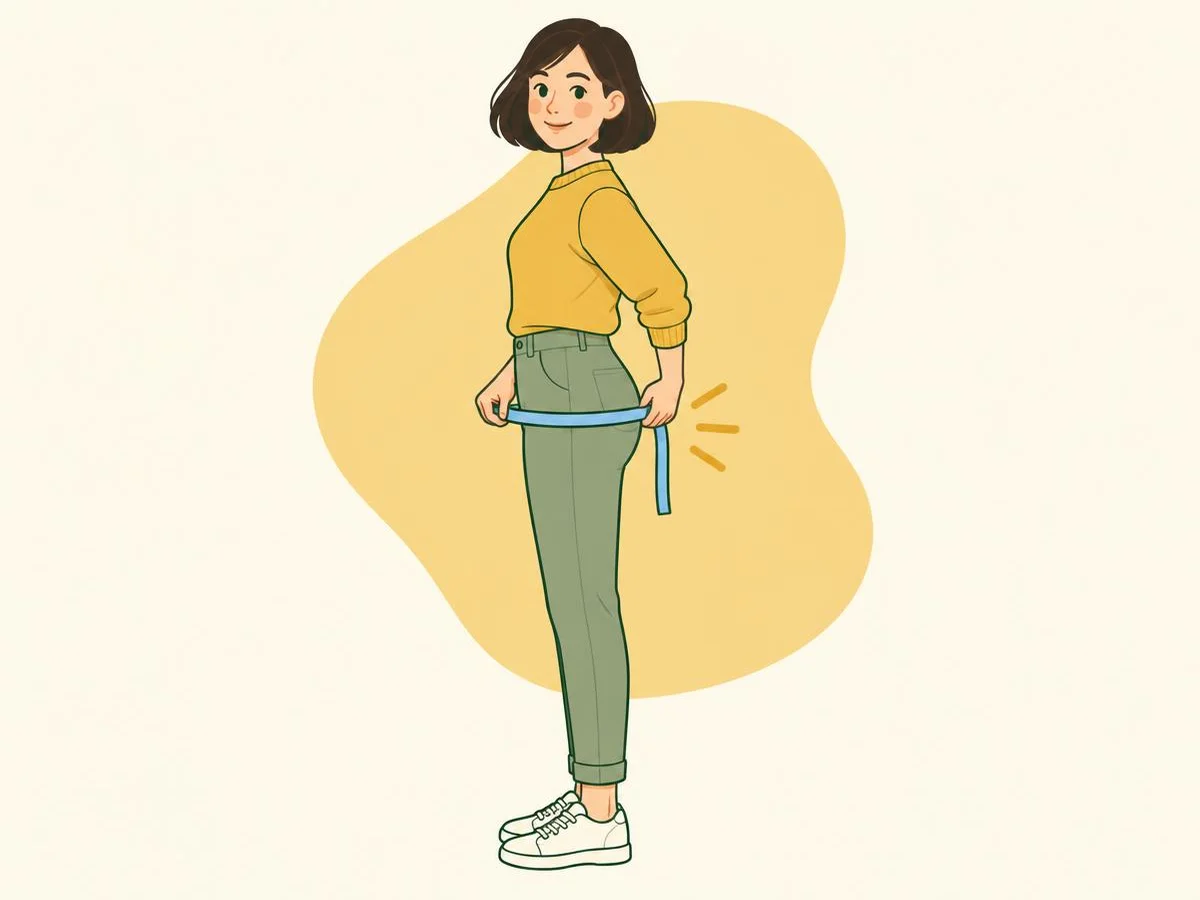 Illustration of a woman seen from the side holding a level tape measure around the fullest part of her hips