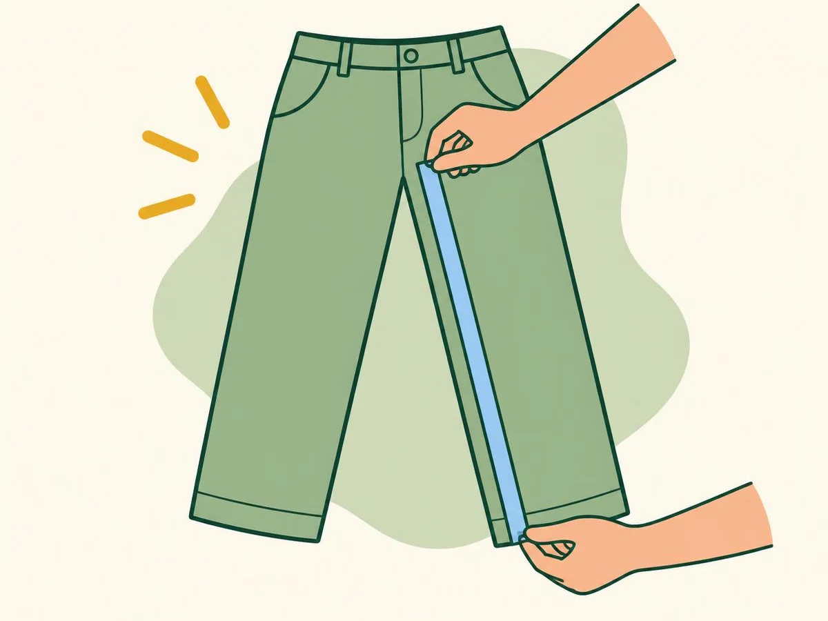 Illustration of a pair of trousers laid flat on a table with a tape measure running along the inside leg seam from the crotch to the hem