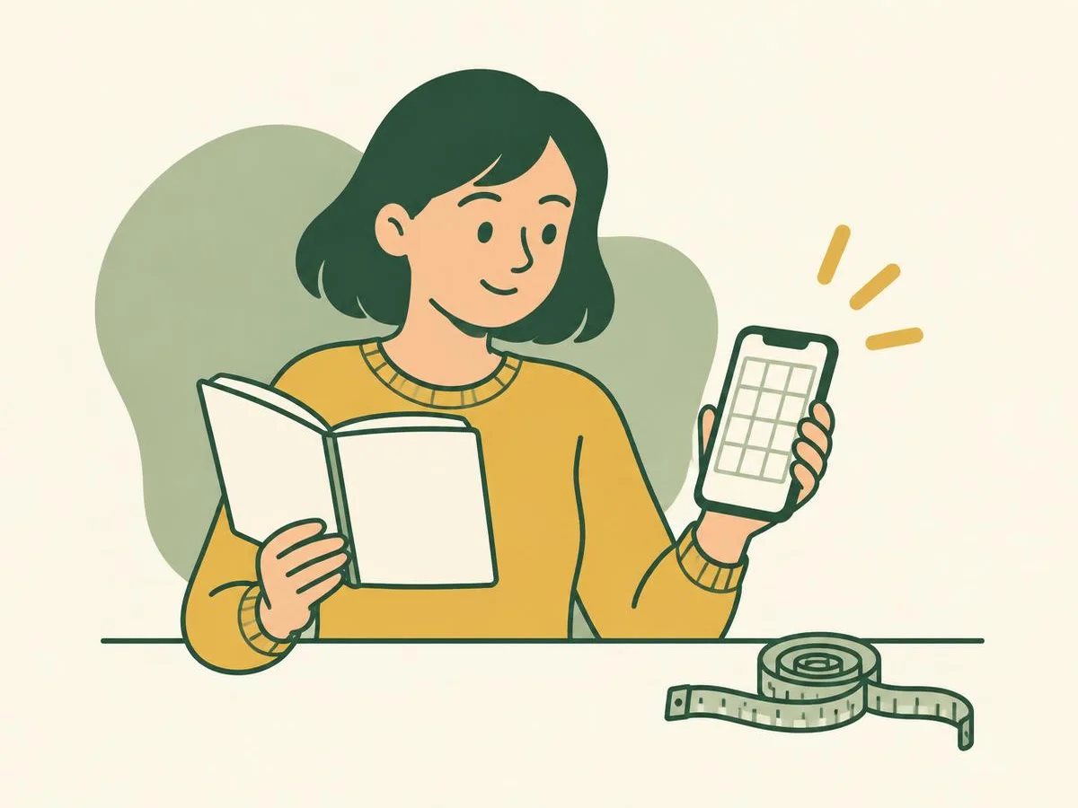 Illustration of a woman in a mustard-yellow jumper holding a notebook beside a phone showing a simple blank grid, comparing them, a tape measure on the table