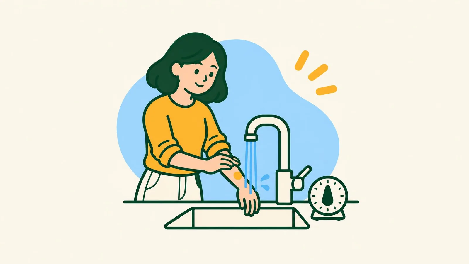 Illustration of a woman at a kitchen sink holding her forearm under a running tap, a kitchen timer beside her