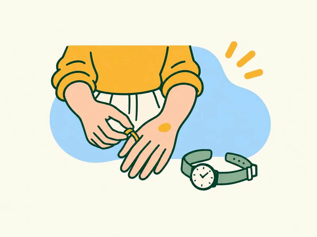 Illustration of a hand with a small burn having a ring slid off, a watch taken off beside it