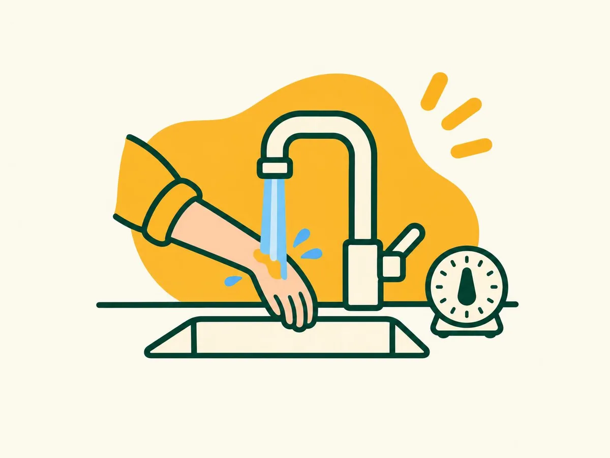 Illustration of a forearm under a running tap with a kitchen timer next to the sink