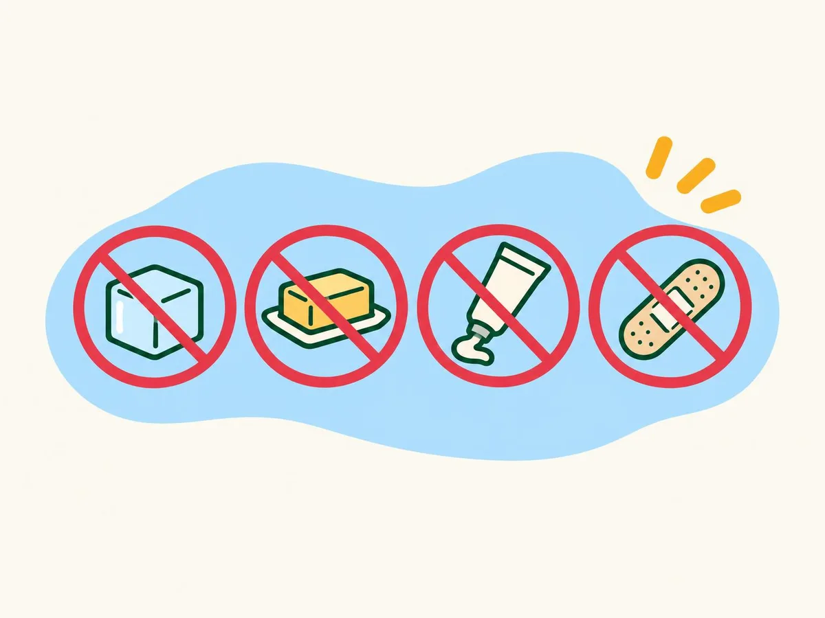 Illustration of an ice cube, butter, a cream tube and a sticky plaster, each crossed out
