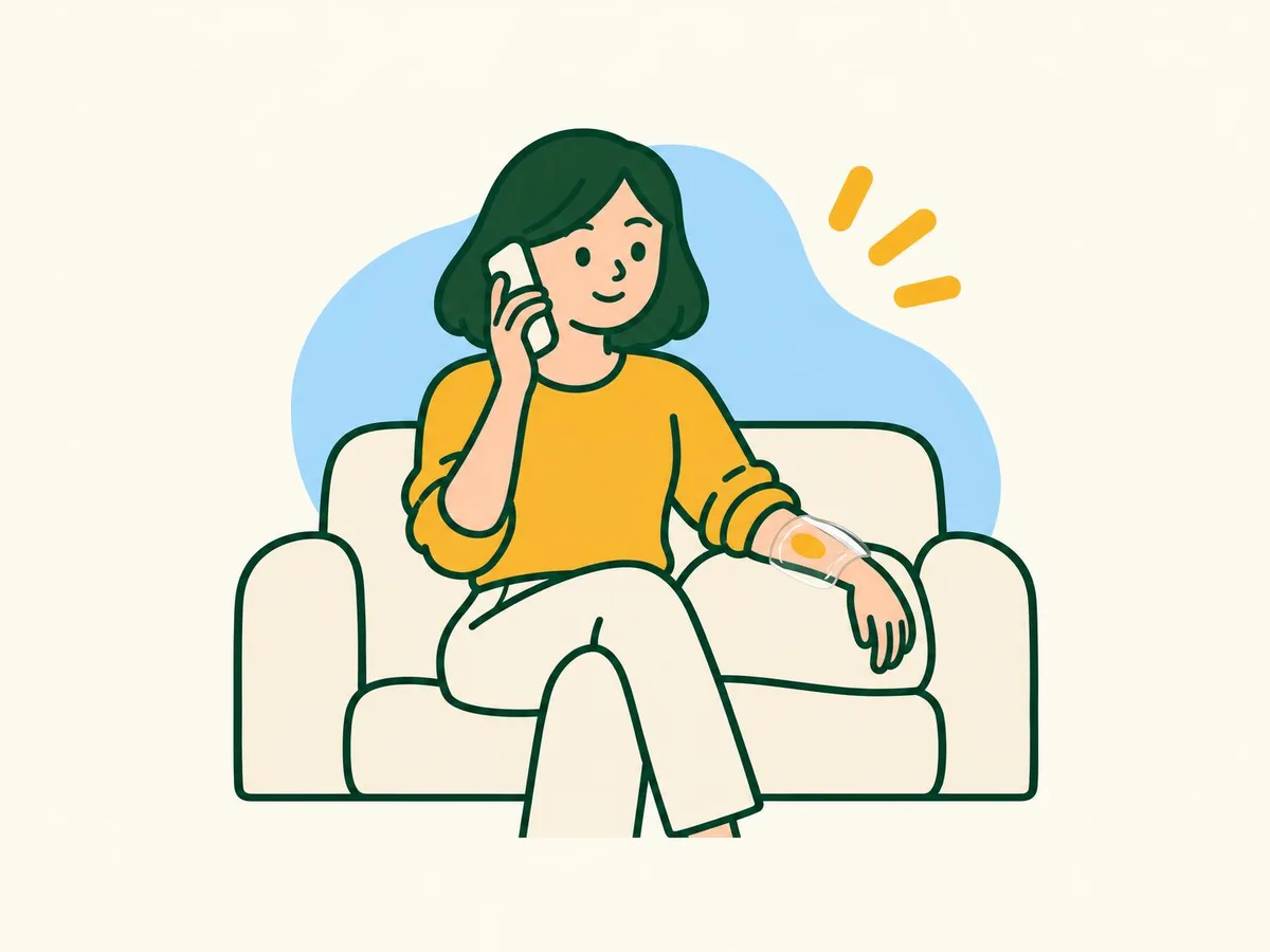 Illustration of a woman on a sofa phoning for advice, cling film over her forearm