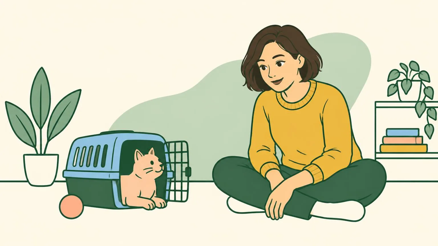 Illustration of a woman sitting quietly on the floor of a small room while a cat peeks out of an open carrier towards her