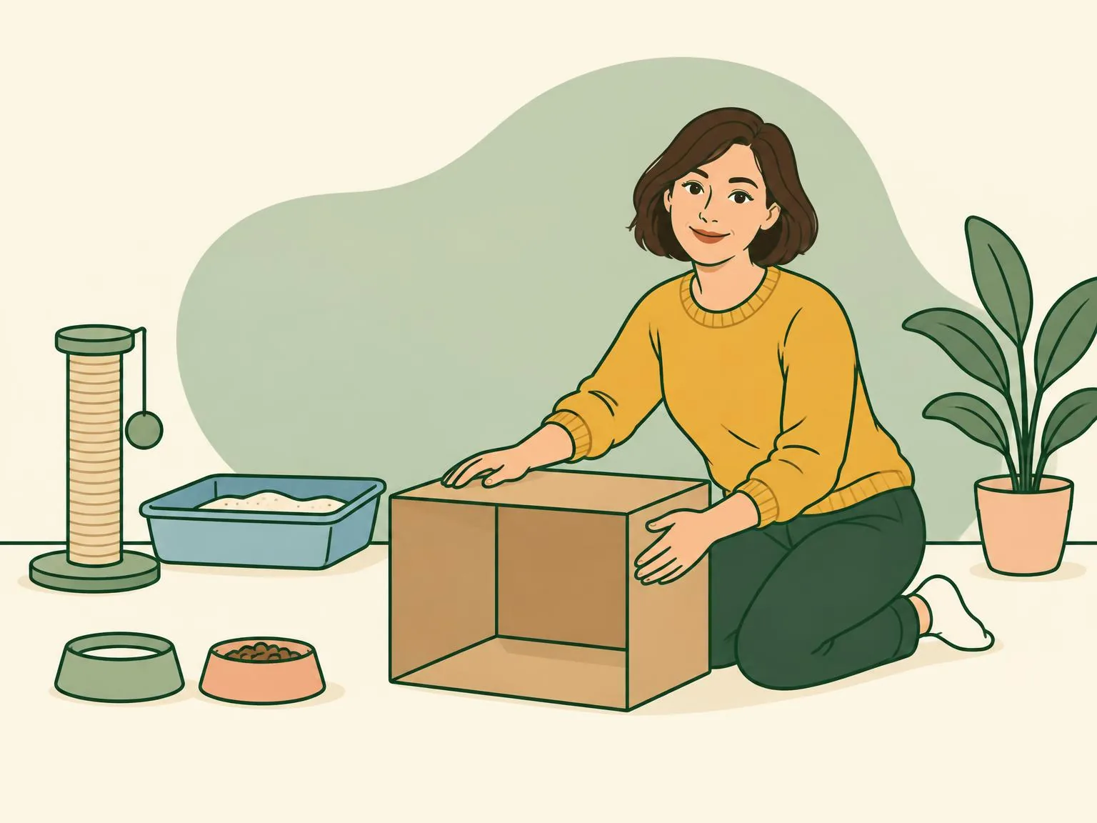 Illustration of a woman placing a cardboard box on its side in a quiet room that already has bowls, a litter tray and a scratching post