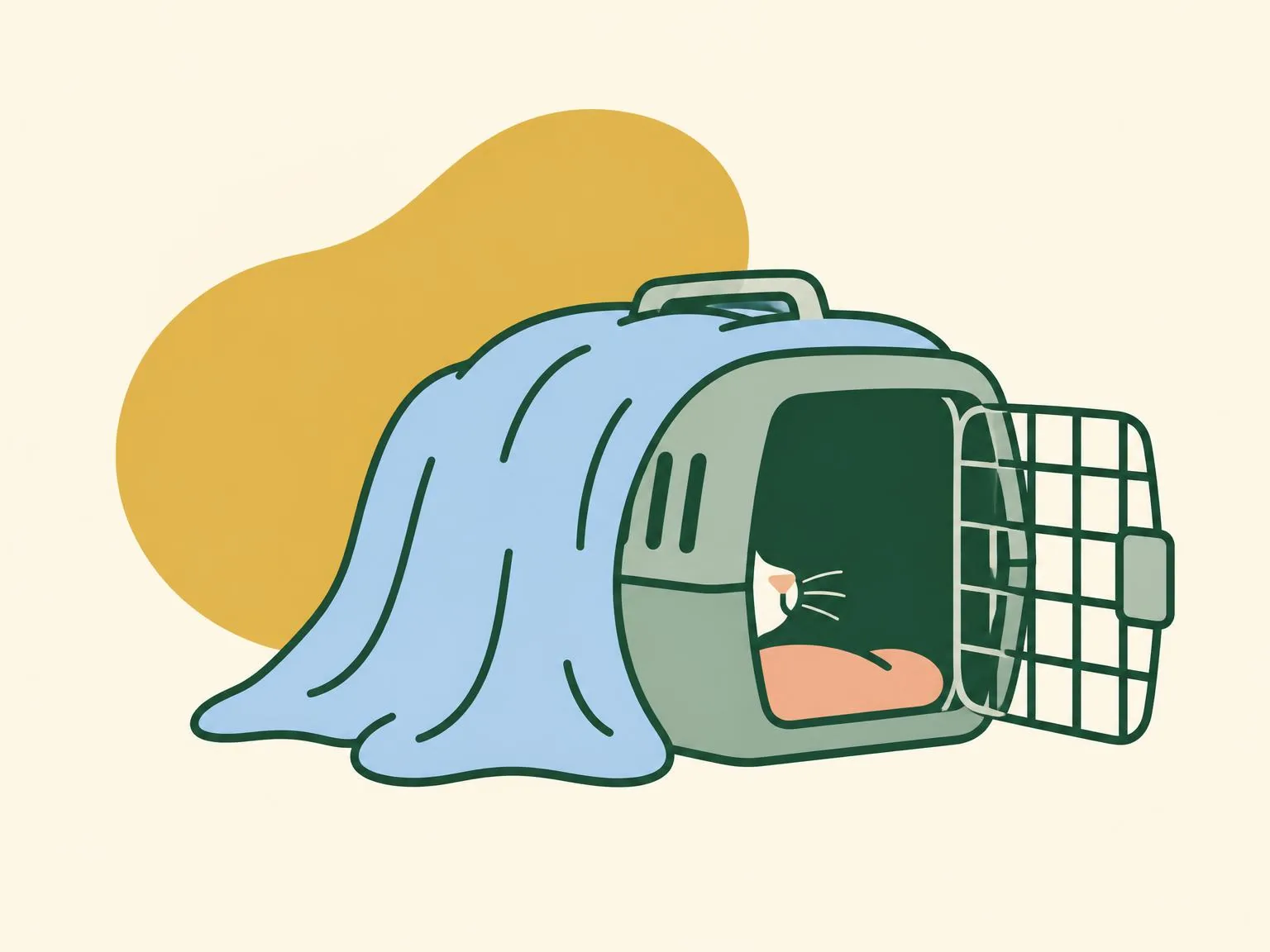 Illustration of a carrier with a light blanket over it set down on the floor, its door open, a cat's nose just appearing