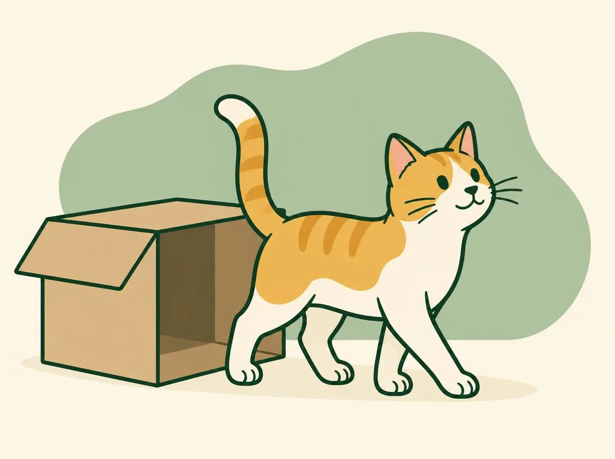 Illustration of a woman sitting low on the floor with one hand resting palm down while a cat approaches her slowly from a box