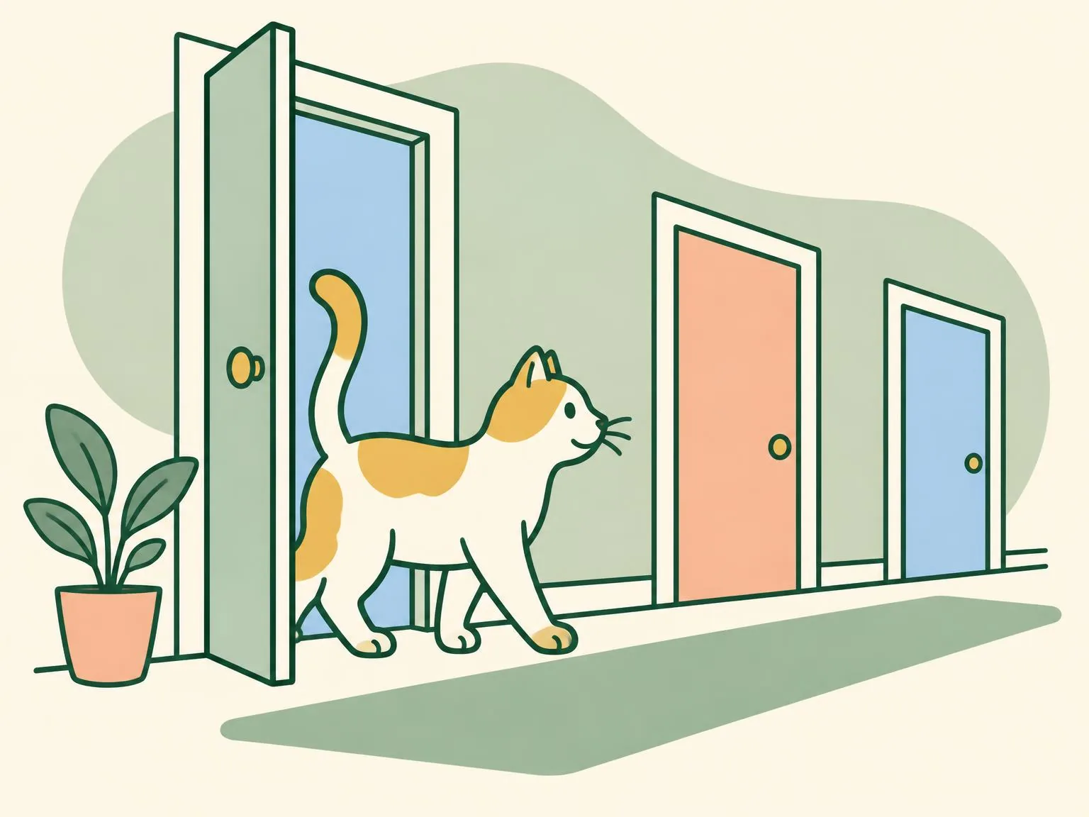 Illustration of a cat stepping through a half-open door into a hallway, its tail up, while the other doors stay closed