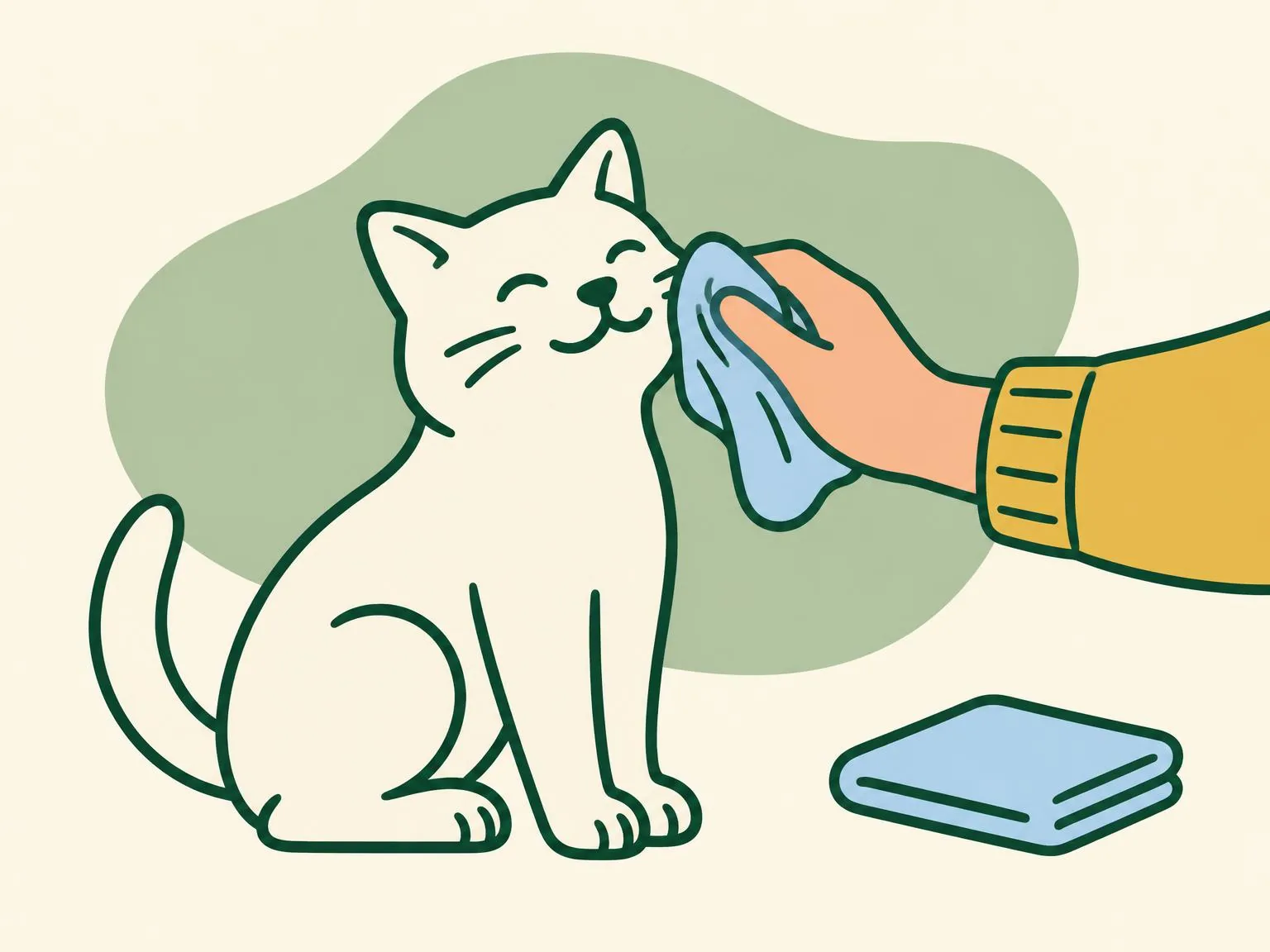Illustration of a hand gently rubbing a soft cloth on a cat's cheek, a second folded cloth waiting beside it