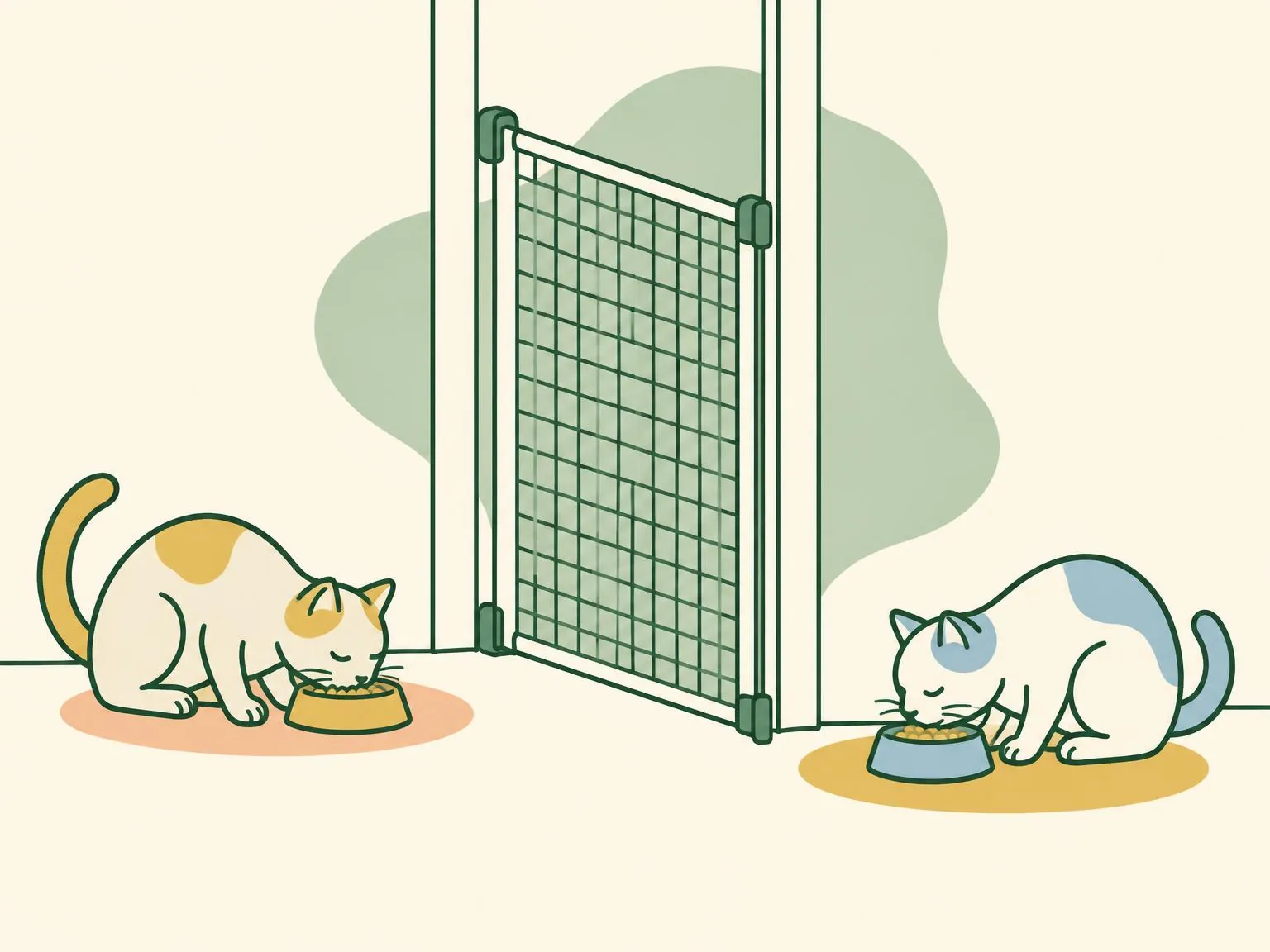 Illustration of two cats eating from bowls on either side of a tall mesh pet gate in a doorway, well apart