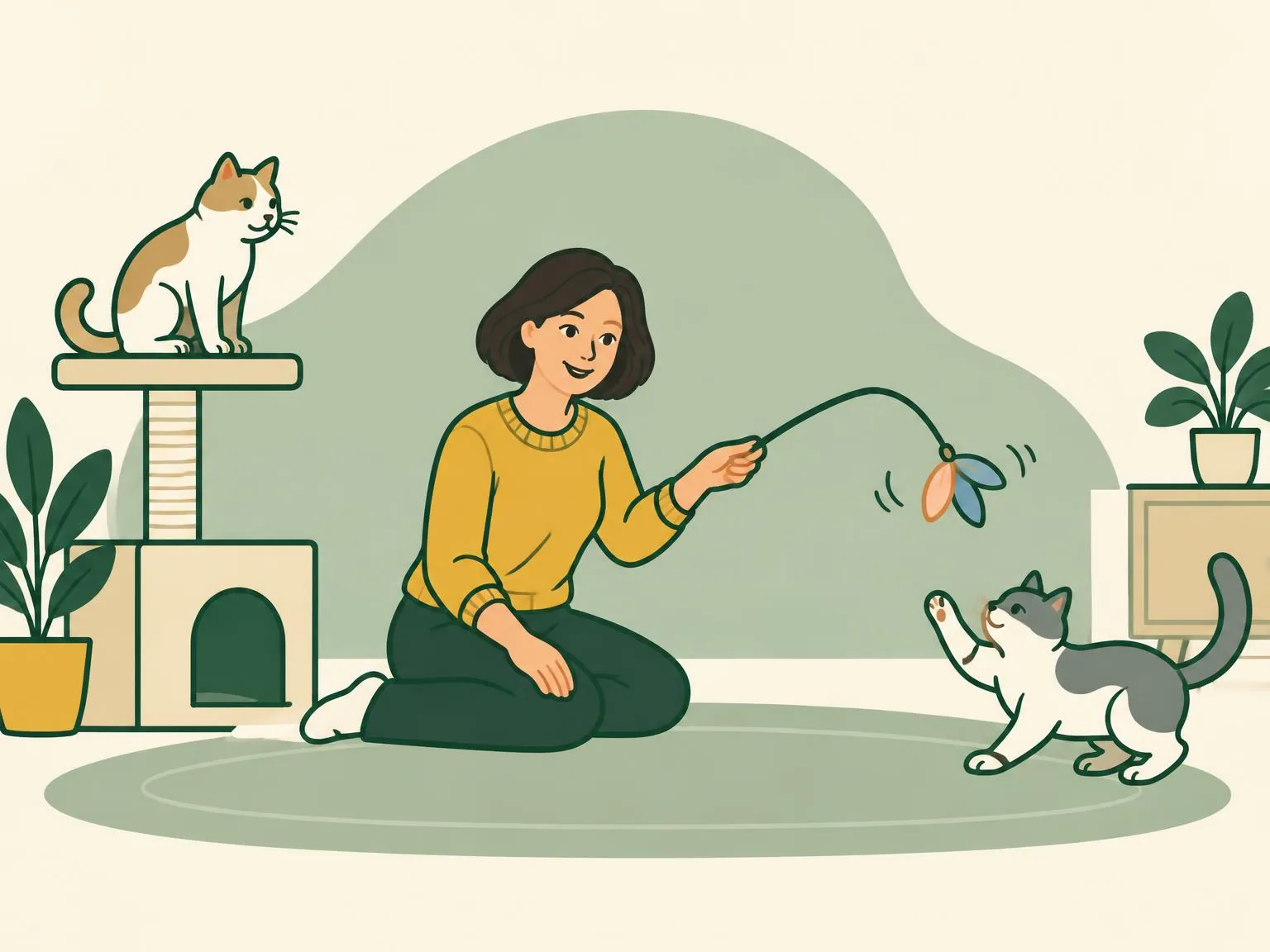 Illustration of two cats at opposite ends of a large room, one resting on a cat tree while a woman plays with the other using a wand toy