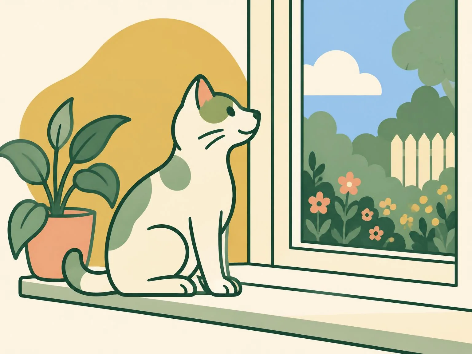 Illustration of a relaxed cat sitting on an indoor windowsill looking out at a garden through a closed window