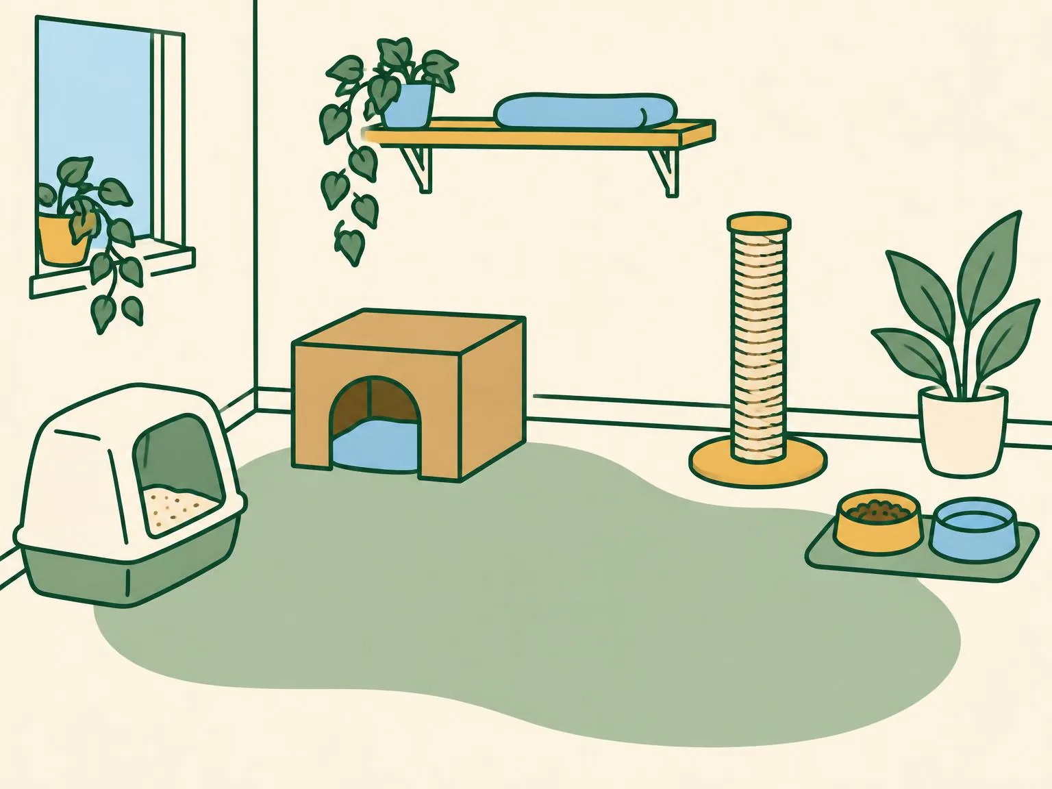 Illustration of a small room with a litter tray in one corner, food and water bowls in another, a cardboard box hide, a scratching post and a raised shelf