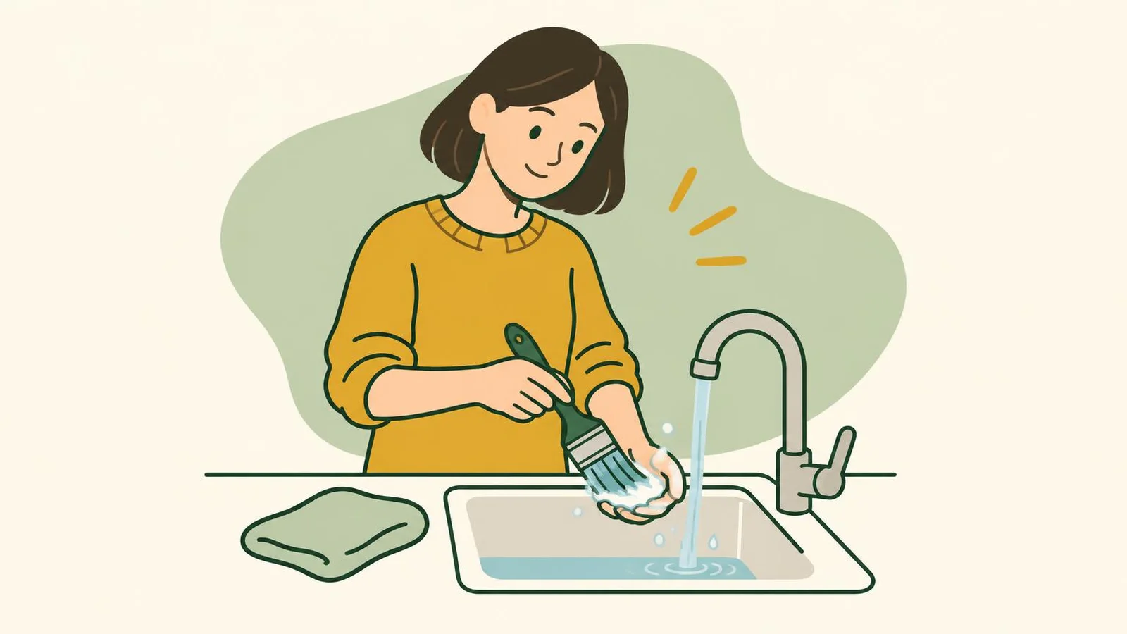 Illustration of a woman at a sink gently swirling a soapy paintbrush in the palm of her hand under a running tap