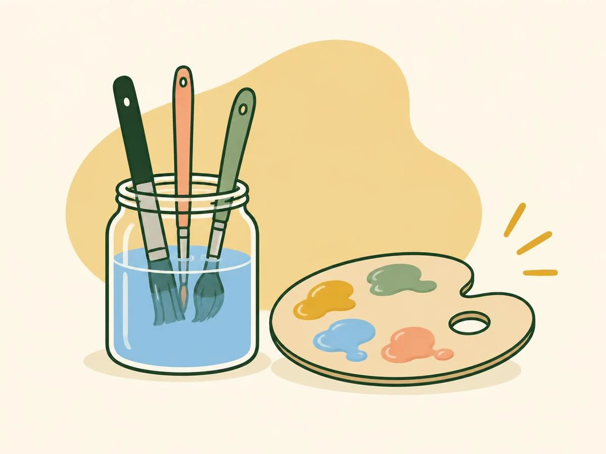 Illustration of three paintbrushes resting bristles-down in a jar of water next to a palette with wet paint