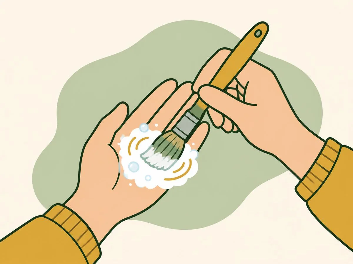 Illustration of a paintbrush being swirled in a little soapy lather in the palm of a hand