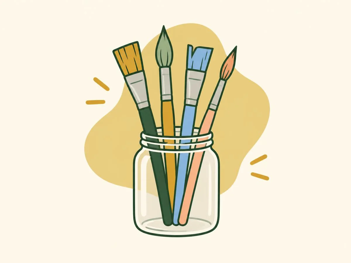 Illustration of clean paintbrushes standing handle-down in a jar, their bristles pointing up and neatly shaped