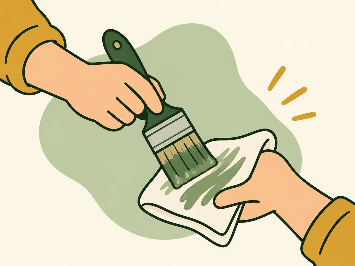 Illustration of a hand wiping a paint-loaded bristle brush firmly on a folded cloth rag