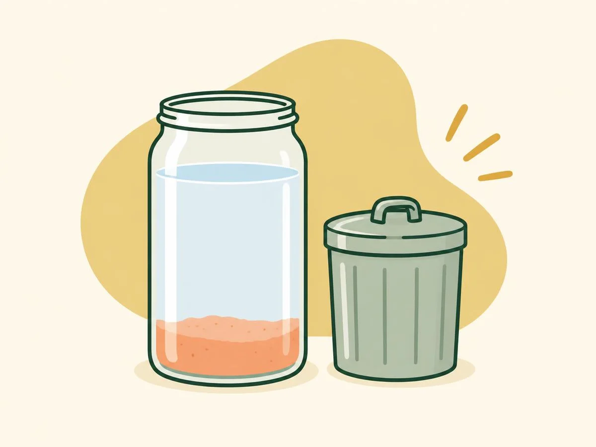 Illustration of a glass jar of rinse water with a layer of coloured sediment at the bottom and clear water above, next to a small lidded metal bin