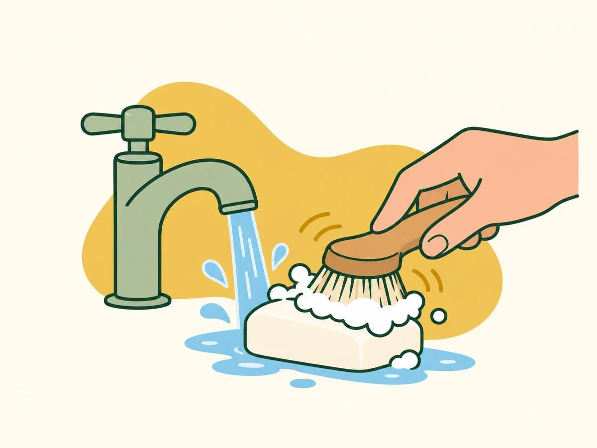 Illustration of a hand pushing an oil paintbrush in small circles on a wet bar of soap beside a running tap