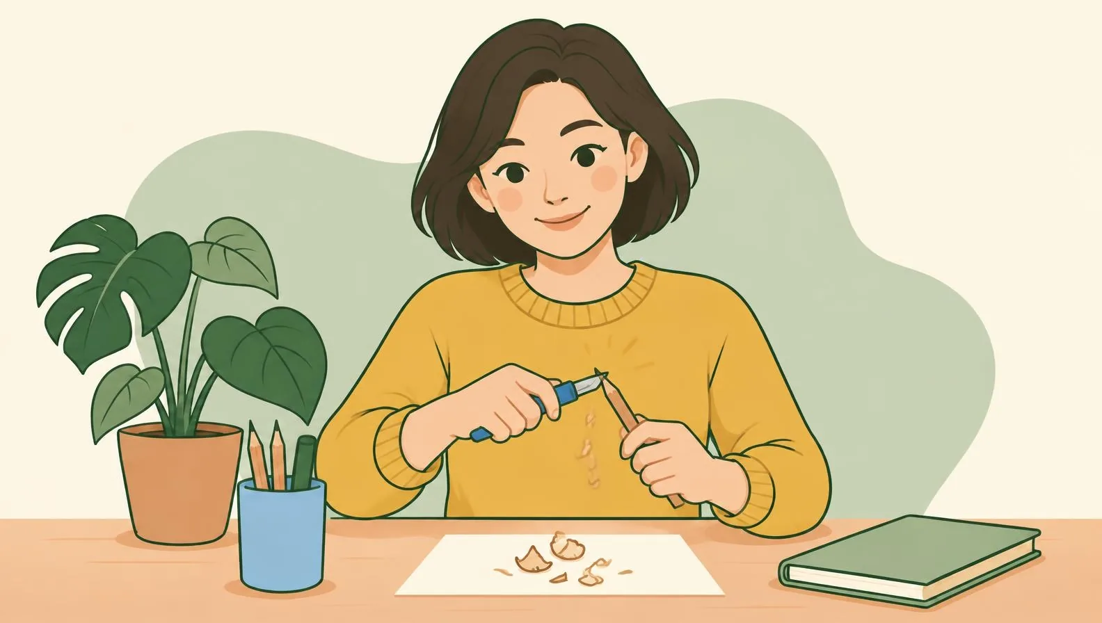 Illustration of a woman at a table shaving the wood from a pencil with a craft knife, the blade pointing away from her, shavings falling onto a sheet of scrap paper