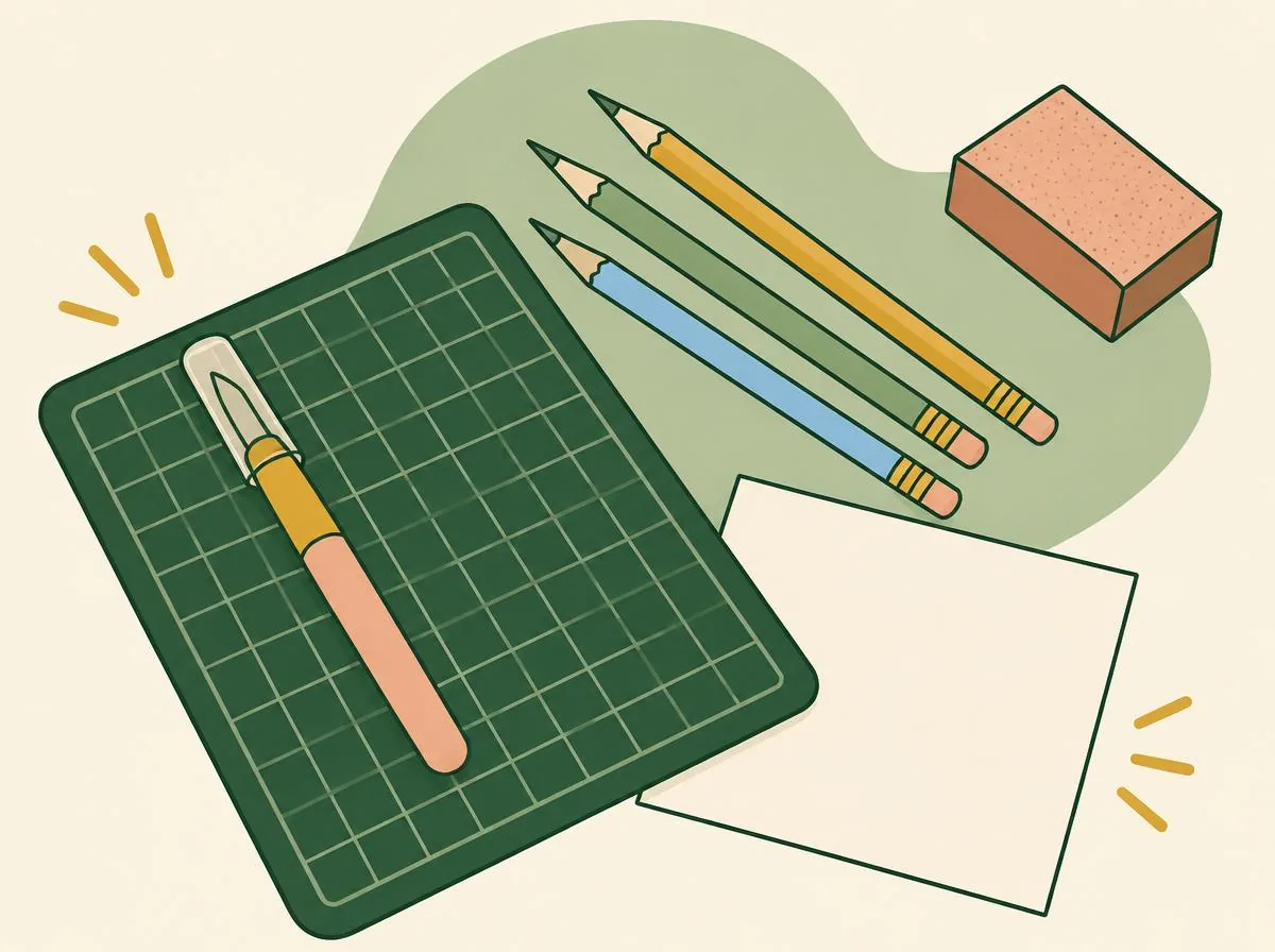 Illustration of a craft knife with a capped blade, three wooden pencils, a small sandpaper block, a cutting mat and a sheet of scrap paper laid out on a table