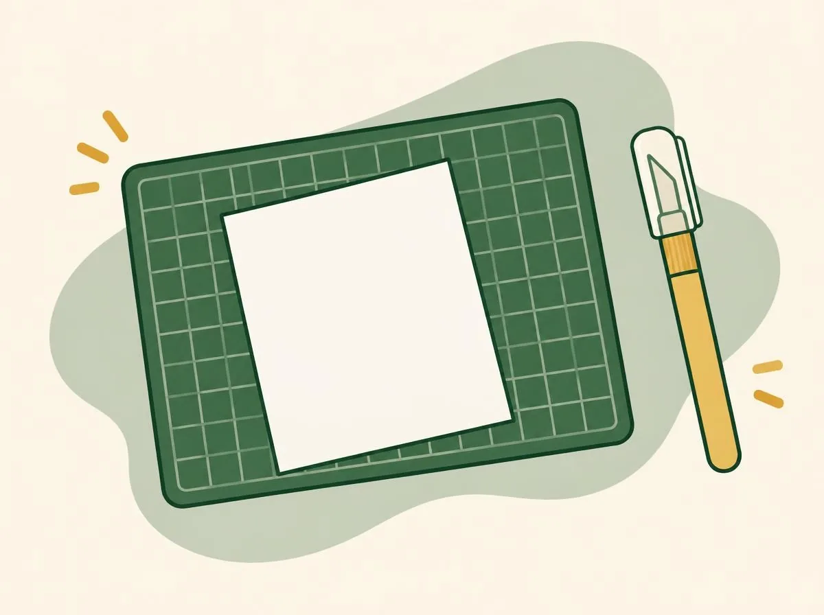 Illustration of a cutting mat with a sheet of scrap paper on it, a craft knife lying beside it with its blade covered