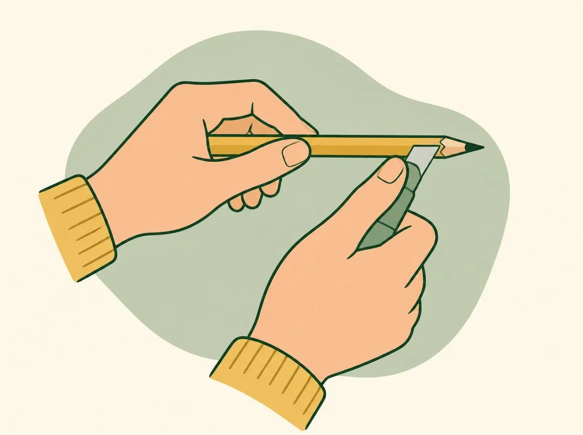 Illustration of two hands: one holds a pencil pointing away from the body, the other holds a craft knife with the blade resting at a shallow angle on the wood, the pencil-hand thumb pressing on the back of the blade