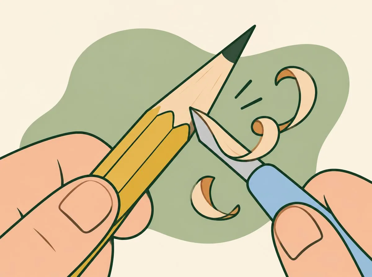 Illustration of a pencil being turned between strokes as thin curls of wood come off under the blade, making an even cone shape