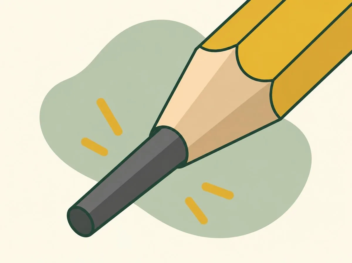 Illustration of a close-up pencil tip: a smooth wooden cone ending in a long length of exposed grey graphite with a blunt end