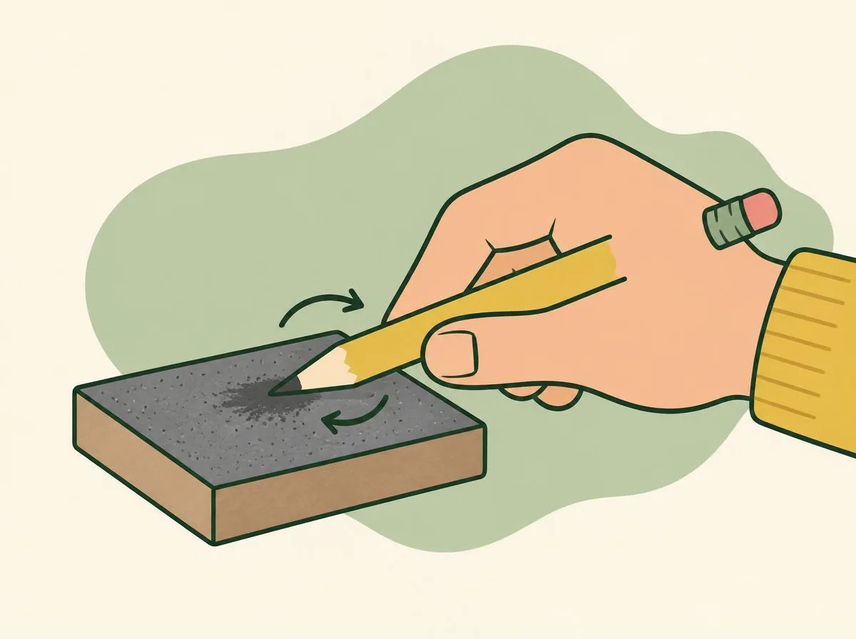 Illustration of a hand holding a pencil almost flat against a small sandpaper block and twisting it as it moves, a grey smudge forming on the sandpaper