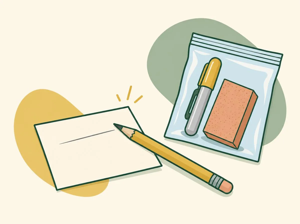 Illustration of a sharpened pencil beside a short, fine test line on scrap paper, with the capped craft knife and the sandpaper block packed in a small zip bag