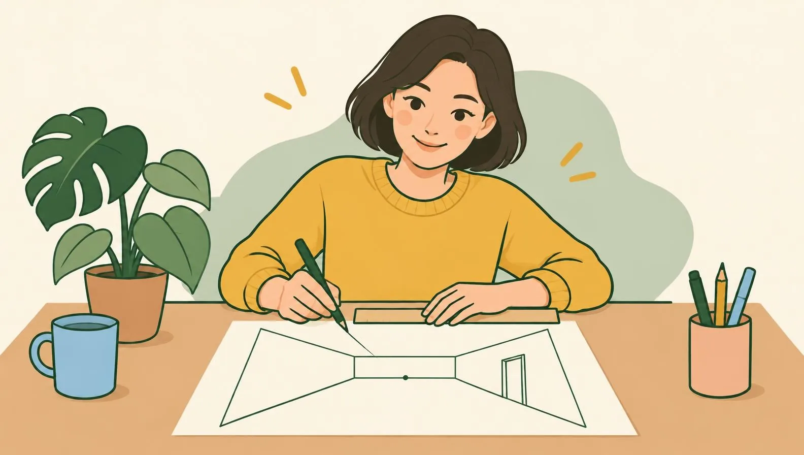Illustration of a woman at a desk drawing a simple room with a ruler: a back wall rectangle, light guidelines meeting at one point, a door on the side wall