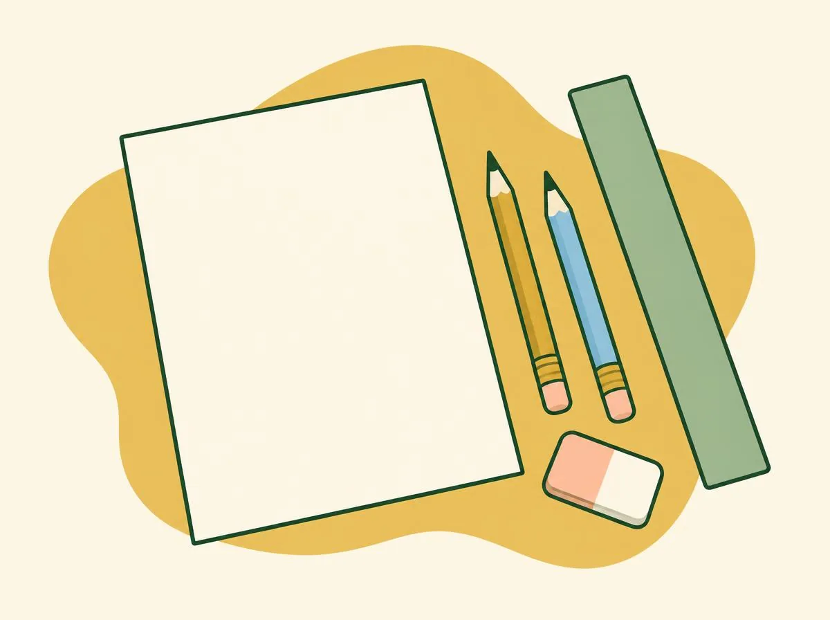 Illustration of a sheet of paper, a ruler, two pencils and an eraser laid out on a desk