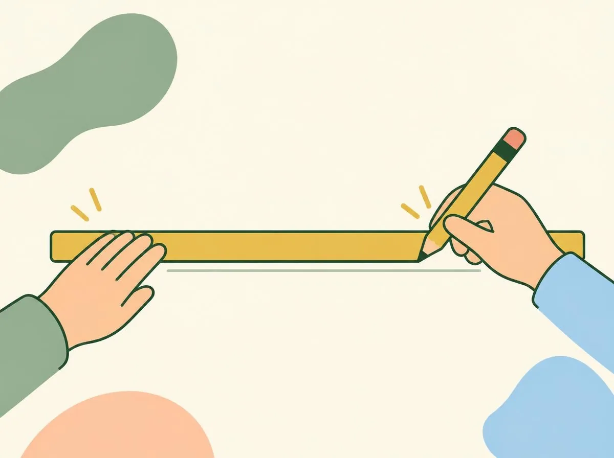 Illustration of a ruler and pencil drawing a faint straight horizontal line across a blank landscape sheet, a little below the middle