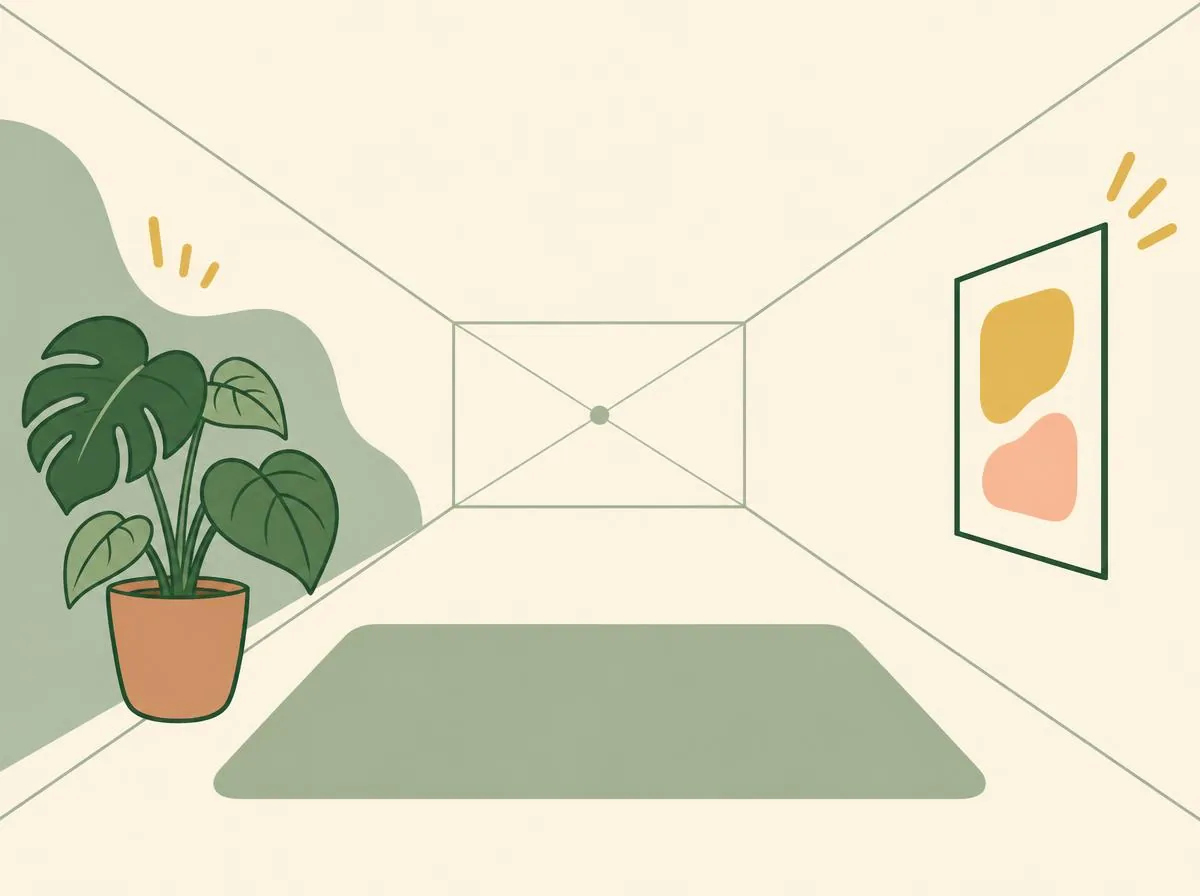Illustration of four straight lines running from the vanishing point through the four corners of the back-wall rectangle out to the edges of the page, forming a floor, ceiling and two side walls, with a plant, a wall picture and a rug sketched in