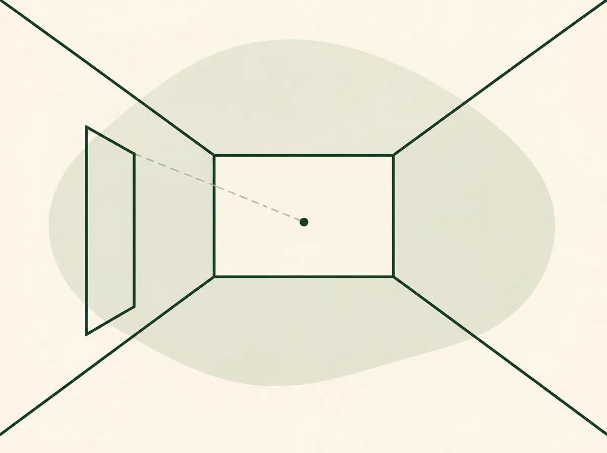 Illustration of a door on the left side wall: two vertical lines rising from the floor edge, joined at the top by a slanted line that points towards the vanishing point, with a faint guideline continuing to the dot