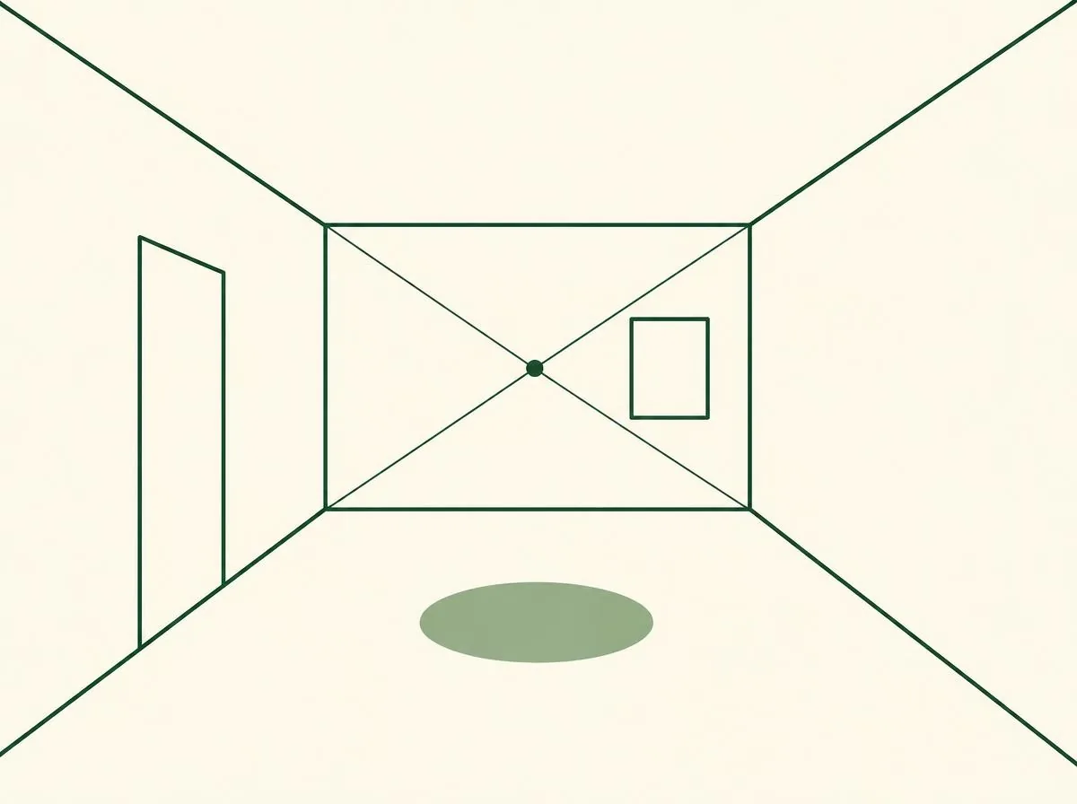 Illustration of a plain upright rectangle window drawn on the back wall, its edges parallel to the back wall edges