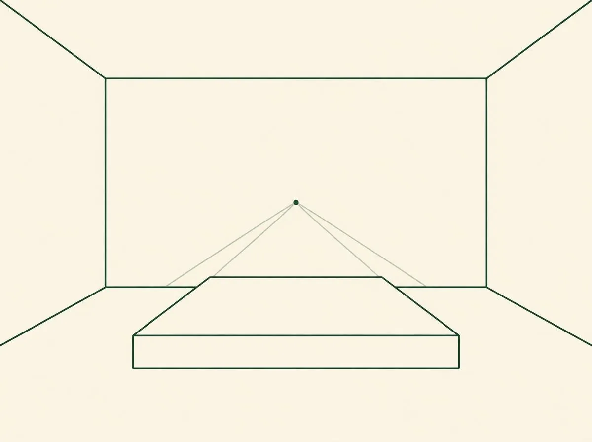 Illustration of a low box shape on the floor like a bed: a front rectangle, its corners joined towards the vanishing point by faint lines, and a back edge drawn parallel to the front