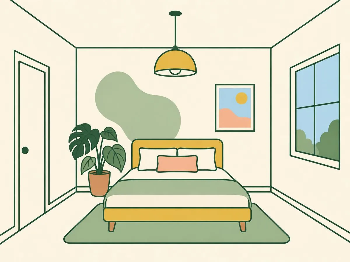 Illustration of a finished one-point room drawing with the guidelines erased: a door on the left side wall, a window on the right side wall, a bed facing the viewer, a picture on the back wall, a hanging lamp, a plant and a rug