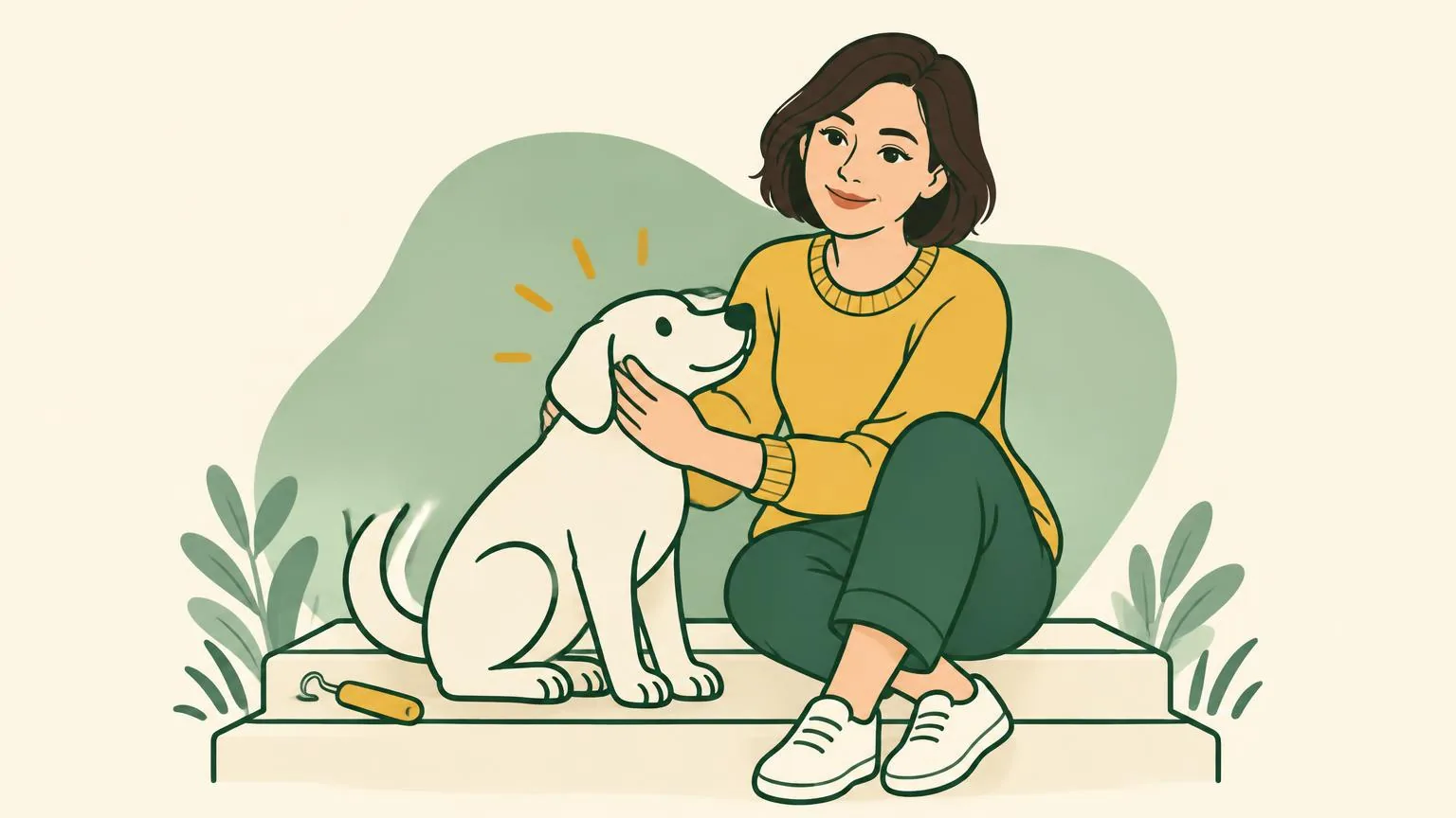 Illustration of a woman sitting on a garden step running her fingers through her dog's fur behind its ear, a small tick-removal tool beside her