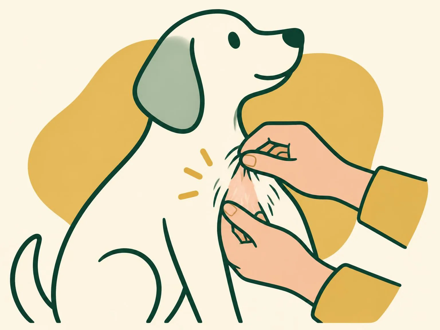 Illustration of two hands parting the fur on a dog's chest so the skin underneath can be seen and felt