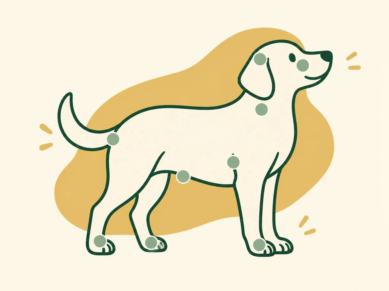 Illustration of a standing dog with soft circles around the ears, eyelids, collar area, armpits, belly, base of the tail and paws