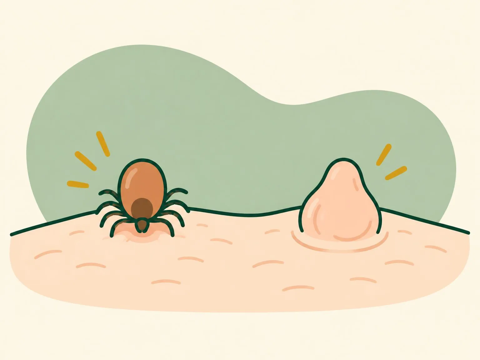 Close-up illustration comparing a small round tick with tiny legs at the skin and a smooth skin tag with no legs
