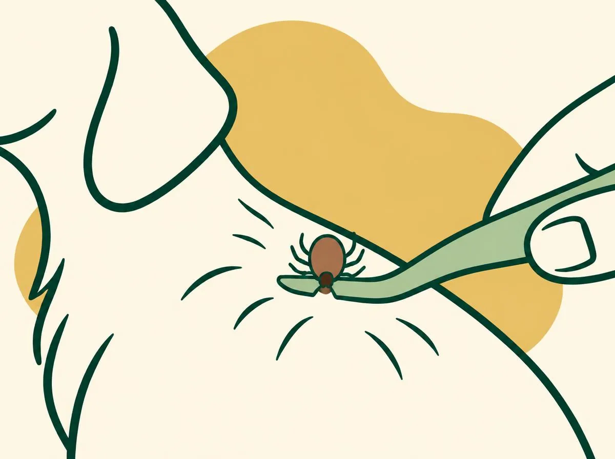 Close-up illustration of a hook-shaped tool slid flat against the skin, the tick held in the slot of the hook