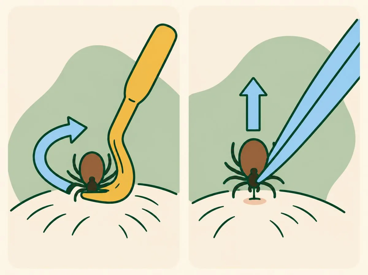 Two-part illustration: on the left a hook tool being turned in a circle with a curved arrow, on the right tweezers lifting straight up with a straight arrow