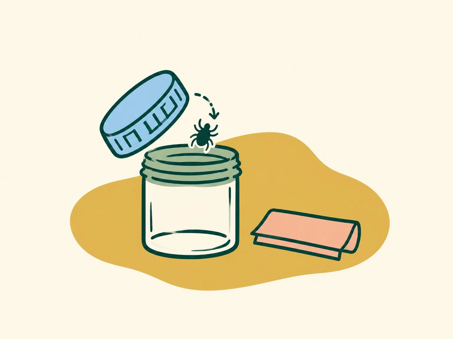 Illustration of a tick being dropped into a small lidded pot, next to a strip of tape folded over on a card