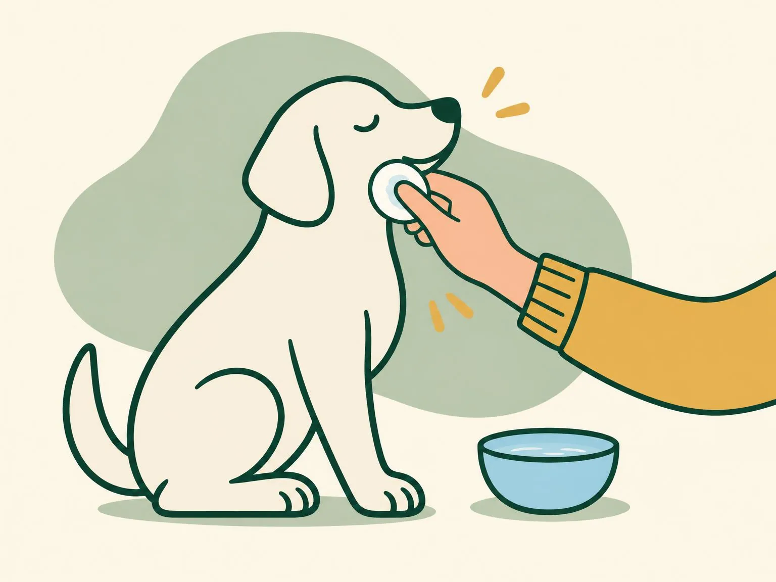 Illustration of a hand dabbing a dog's skin with a damp cotton pad, a small bowl of water beside it